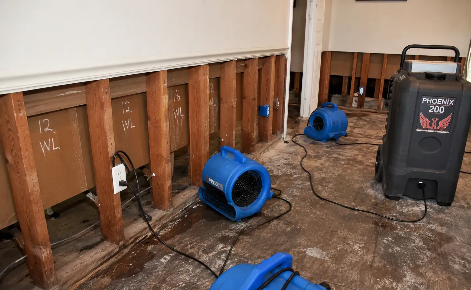 Structural drying with dehumidifiers and air movers in a Gastonia home